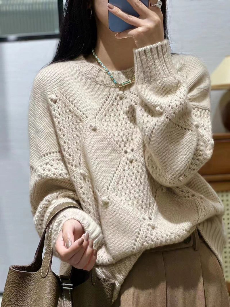 girl 2023 New High-End Round Neck Autumn Winter Women's 100% Wool Loose Lazy Top Thickened Warm Base Sweater_voghion.com