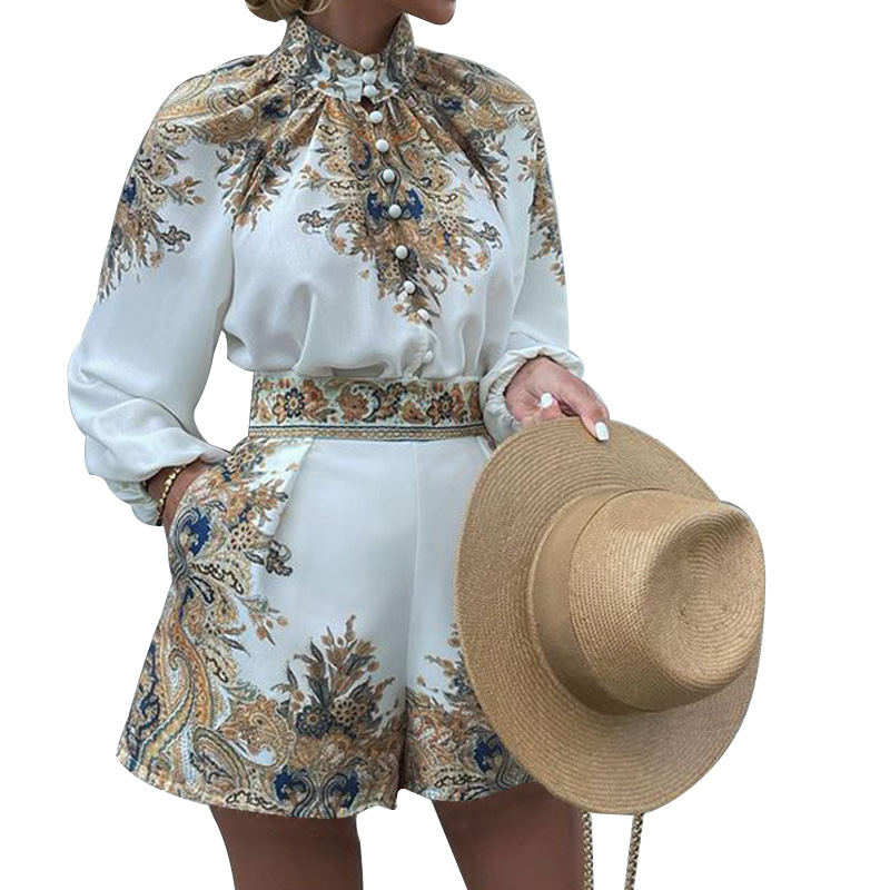 Women's clothing printed long-sleeved tops and shorts set two-piece set_voghion.com