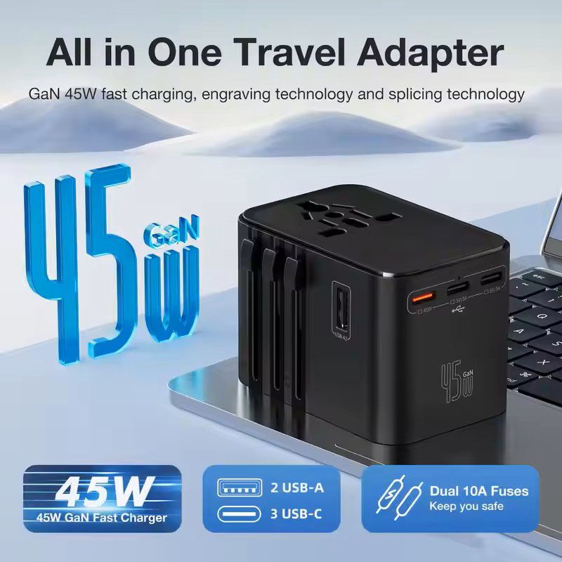 Universaladapter mit 3 Typ-C 2 USB 45W Schnelllade-All-in-One-Ladegerät EU/UK/USA/AUS Reisesteckdose_voghion.com