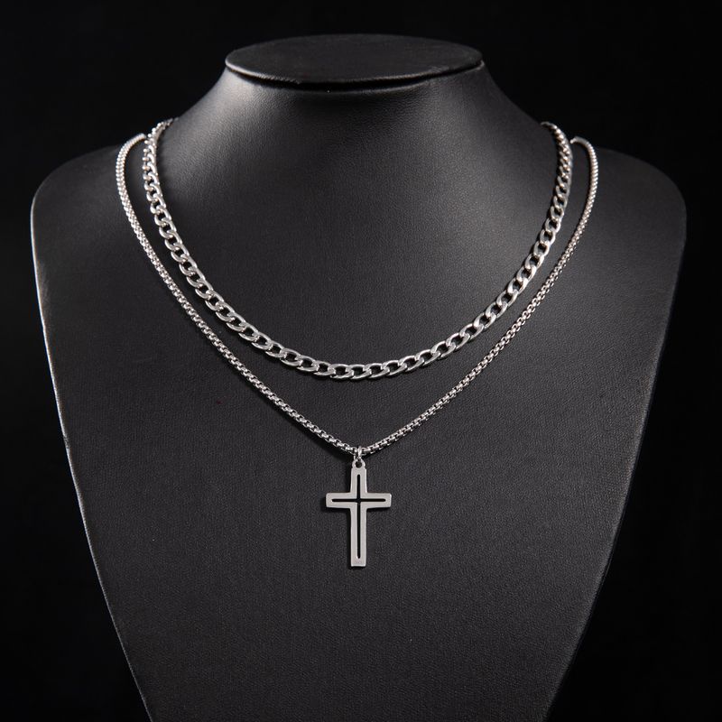 Gothic Layered Cross Pendant Necklace For Women - Stainless Steel Cuban Chain With Box Chain - Trendy Layered Necklace For Everyday Wear_voghion.com