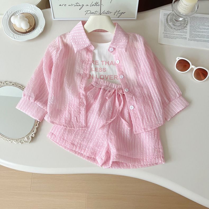 Abbigliamento per bambini, completo estivo da bambina, stile nuovo, alla moda, a righe verticali, a maniche lunghe, con protezione solare, pantaloncini, completo da tre pezzi_voghion.com