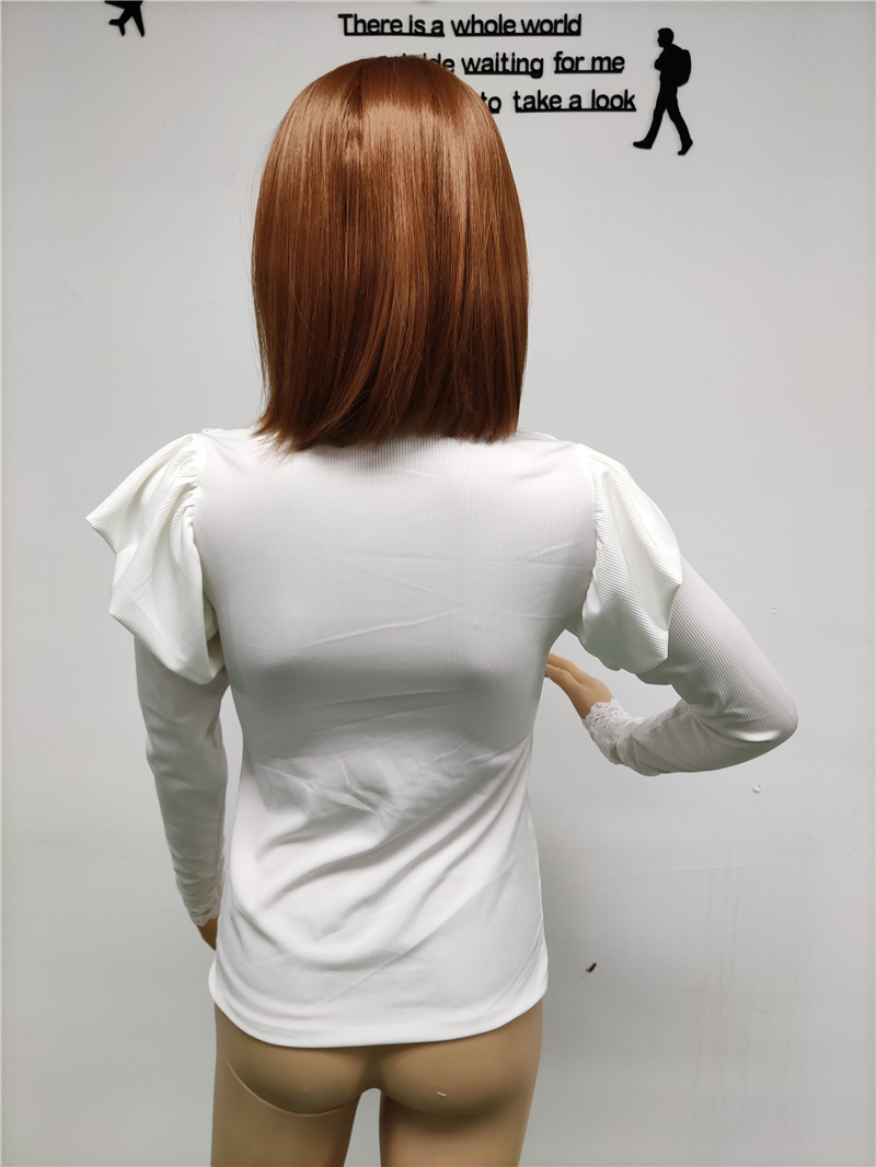 Damenbekleidung im heißen Stil mit langen Ärmeln, Rundhalsausschnitt und Spitzenverzierung, einfarbiges T-Shirt für Damen_voghion.com