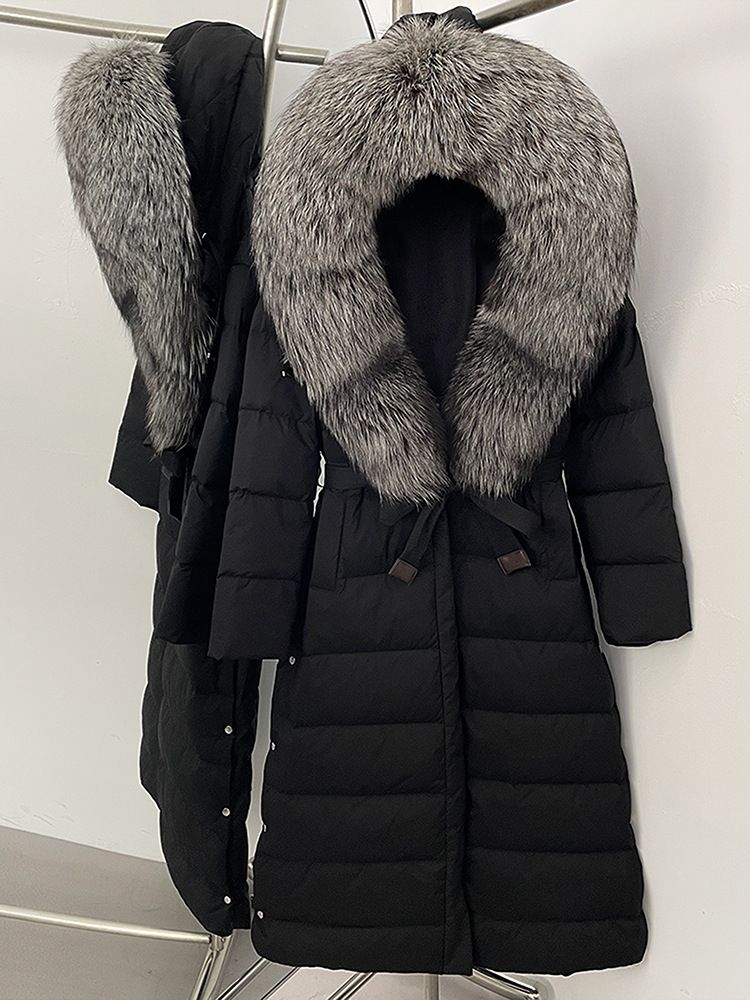 Women’s Long Hooded Down Coat With Detachable Fox Fur Trim, Belted Waist For A Slim Fit, Ultra-Warm Winter Jacket_voghion.com