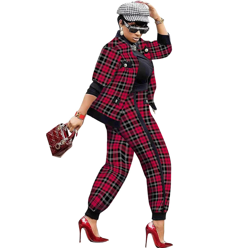 Traje casual de moda para mujer, abrigo con botones y pantalones con estampado de mil pájaros, conjunto de dos piezas_voghion.com