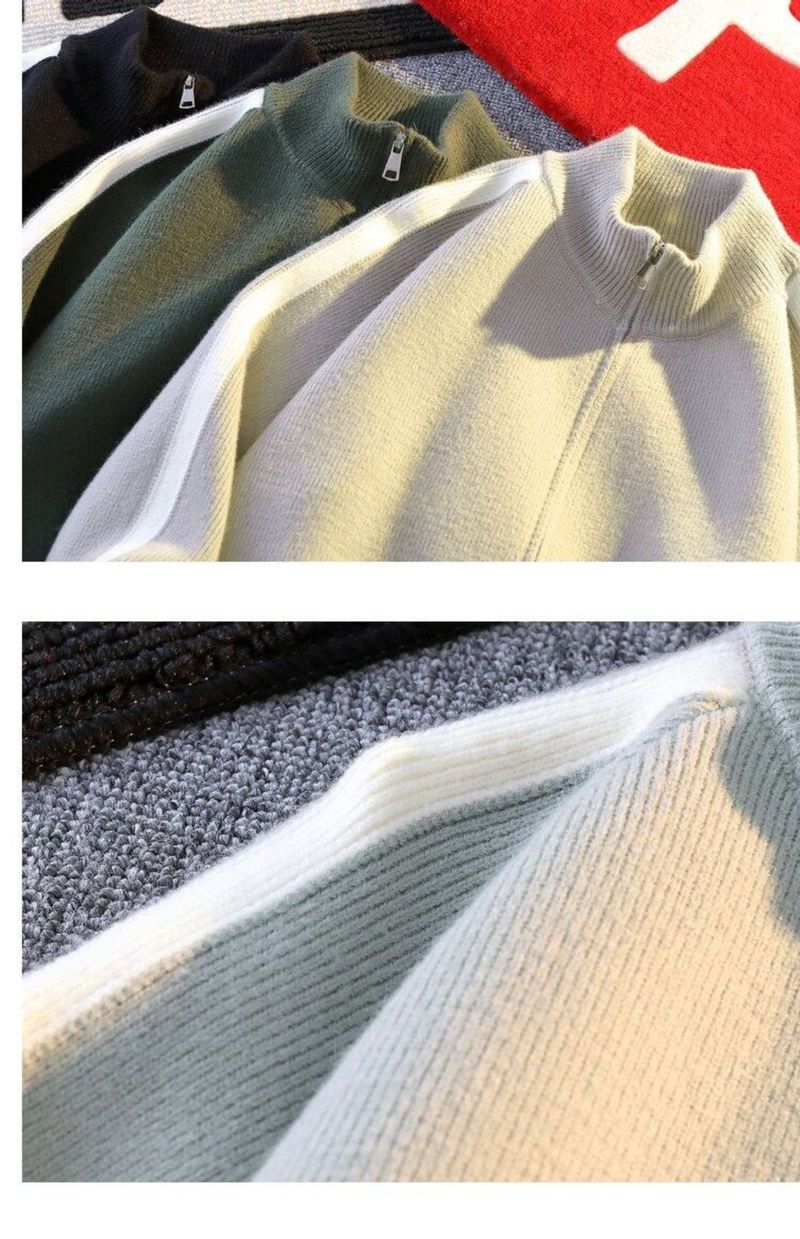Herren-Strickjacke mit Streifen in Übergröße mit Reißverschluss und Stehkragen – atmungsaktiv, maschinenwaschbar, dehnbar (Schwarz, Grau, Grün)_voghion.com