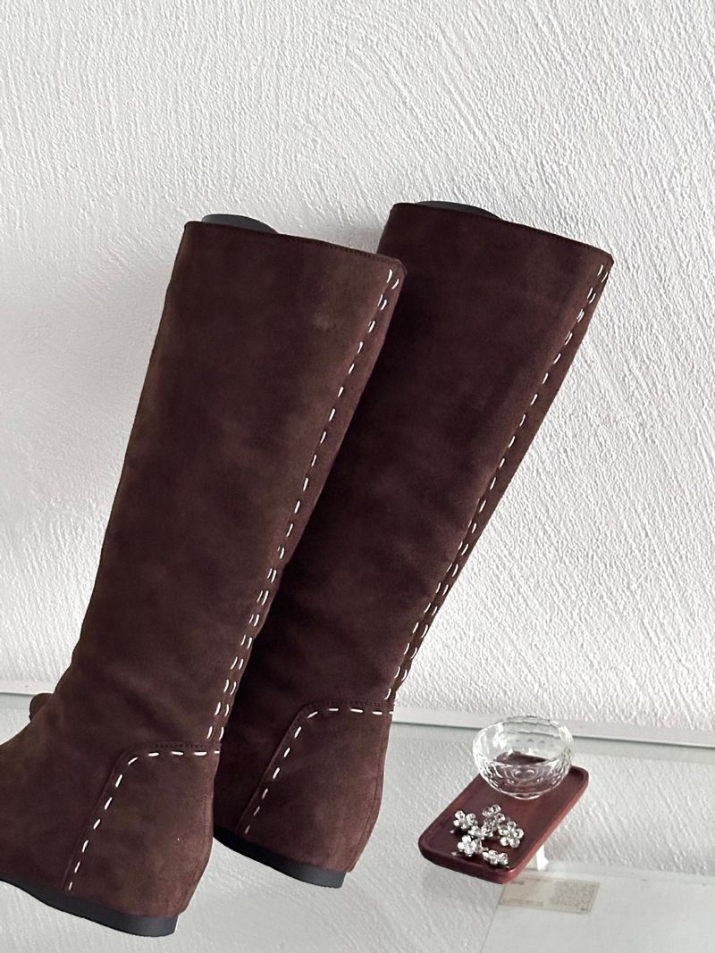 2025 Winter New Design Stitching Pointed Toe Hidden Wedge Suede High Tube Western Cowboy Boots For Women_voghion.com