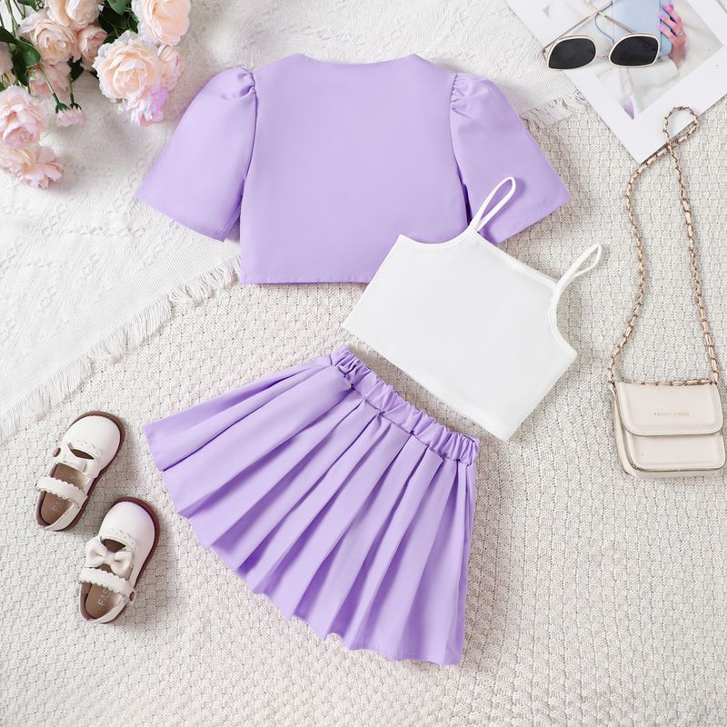 Νέο καλοκαιρινό παιδικό γιλέκο καμιζόλας για μικρά και μεσαία μεγέθη + πλισέ κοντή φούστα + κοντομάνικο μπουφάν κοστουμιού, μοντέρνο σετ για κορίτσια_voghion.com