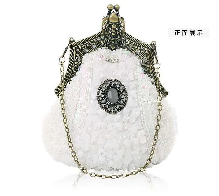 Borsa a mano con pochette in paillettes e perline, stile retrò, da donna, stile vintage, colore oro antico, con tracolla a catena_voghion.com