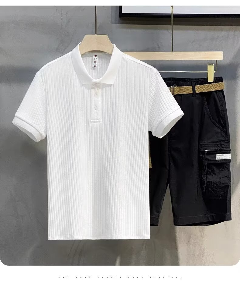 Herrkläder Business pikétröja Pit Stripe Mercerized pikétröja Kortärmad sommartopp Lapel Herr T_voghion.com