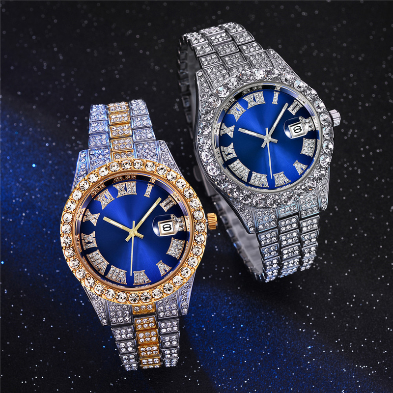Nieuwe Europese en Amerikaanse Water Ghost Grote Water Diamant Ingelegde Romeinse Schaal Kalender Hip Hop Heren Gouden Horloge Vol Diamanten Horloge_voghion.com