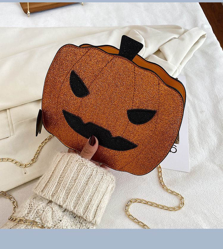Borsa a tracolla con zucca glitterata a tema Halloween per donna - Borsa a tracolla in PU riflettente retrò con tasche con cerniera, accessorio alla moda e divertente_voghion.com