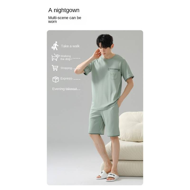 Sommerpyjama Herren Reine Baumwolle Dünn Schlichte Lässige Oberbekleidung Rundhals Pullover Kurzarm Shorts Baumwolle Heimkleidung Set_voghion.com