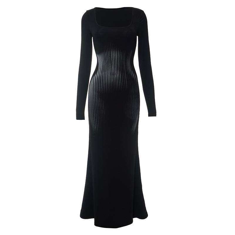 Long Sleeve Square Collar Dresses Women Clothingg Black Printing Tunic Robe Femme Fashion Temperament Bodycon Maxi Dress_voghion.com