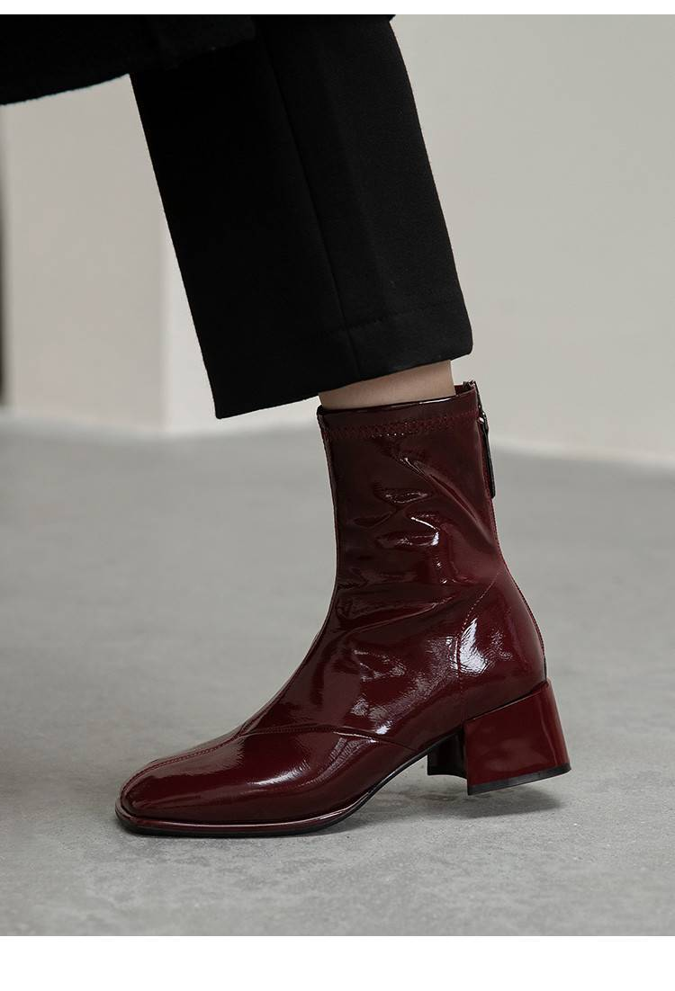 Cameido Women's square-toed patent leather ankle boots with fleece lining, chunky or medium heels, fashionable boots._voghion.com