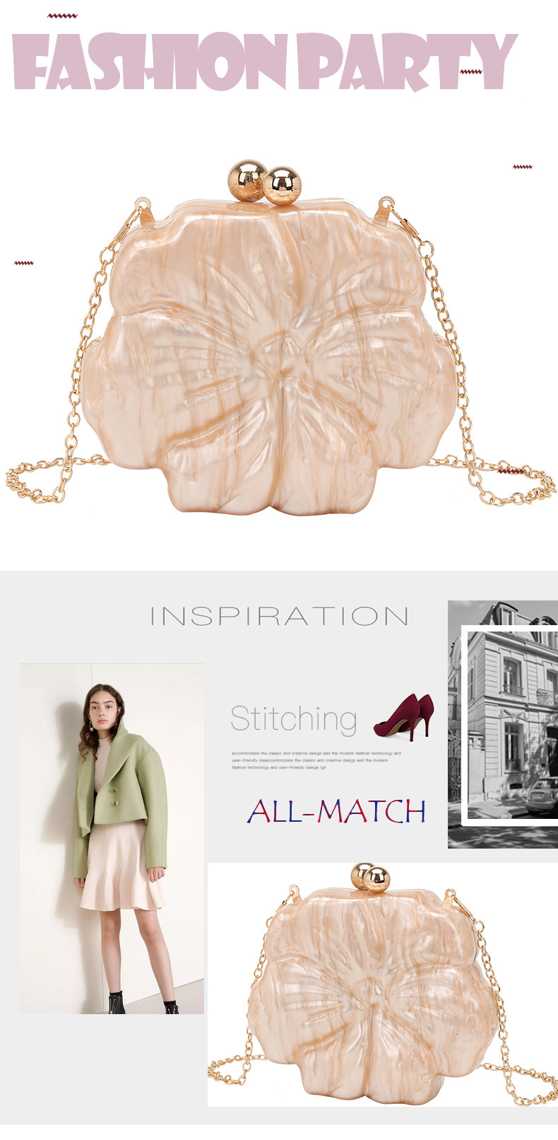 Evening bag flower multi color acrylic bag fresh and sweet style clutch bag evening bag chain_voghion.com