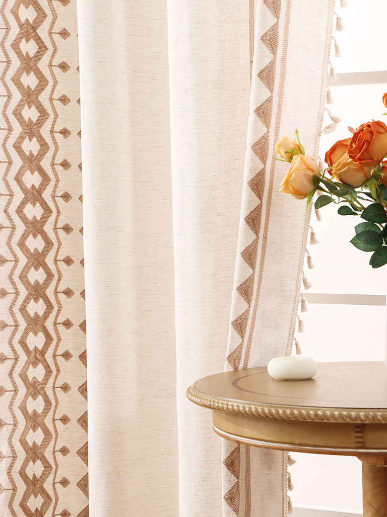 Cortinas de lino con patrón geométrico bordado, estilo bohemio, modernas, sencillas y de alta gama._voghion.com