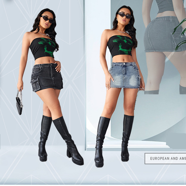 Grenzüberschreitender europäischer und amerikanischer Sommer-Jeansrock für Damen, Retro, elastisch, eng anliegend, Arbeitskleidung, Taschen-Hüftrock für Damen_voghion.com