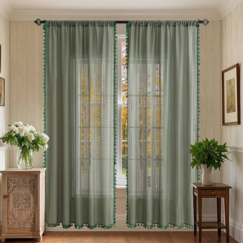 Modern Sheer Curtains For Living Room & Bedroom - Light Filtering Polyester, Eyelet Design, 140x160/200/260cm (Green, Beige)_voghion.com