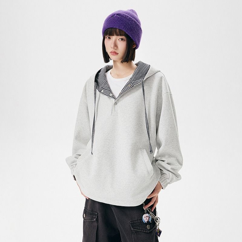 Wendbarer karierter Hoodie – Koreanischer Oversize-Unisex-Reißverschluss vorne mit zwei Trageoptionen, Schwarz und Grau kariert_voghion.com