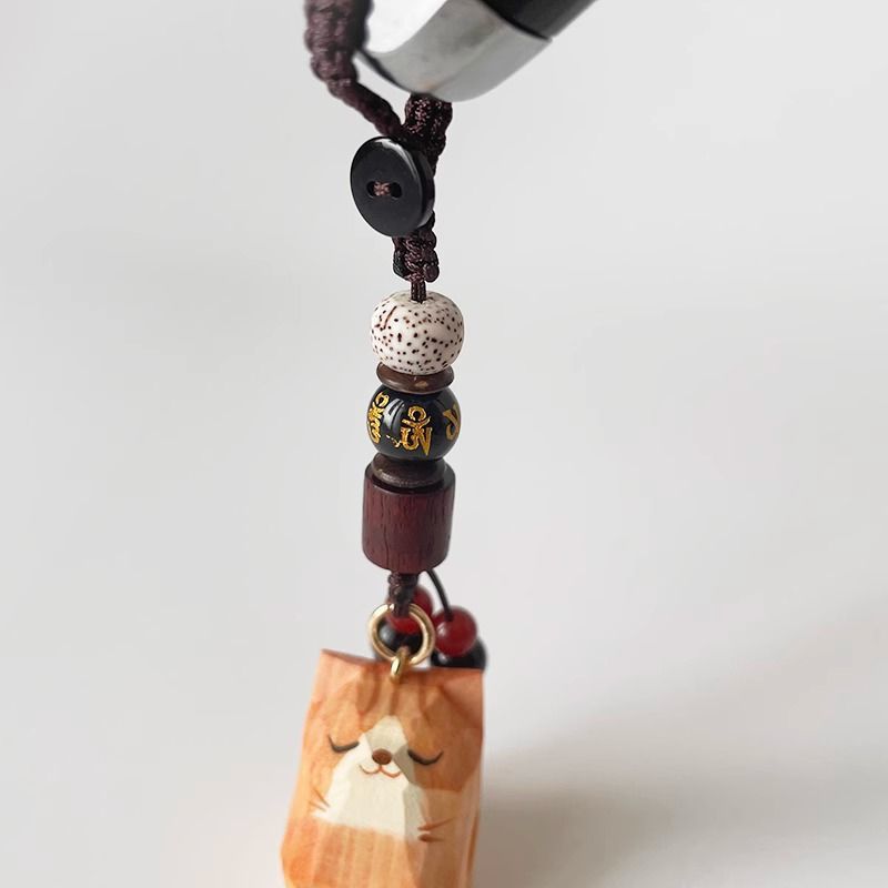Hand Carved Wood Carved Orange Cat Shiba Inu Mi Ping An Six Character Mantra Woven Keychain Chain Ring Car Schoolbag Pendant Ornament_voghion.com