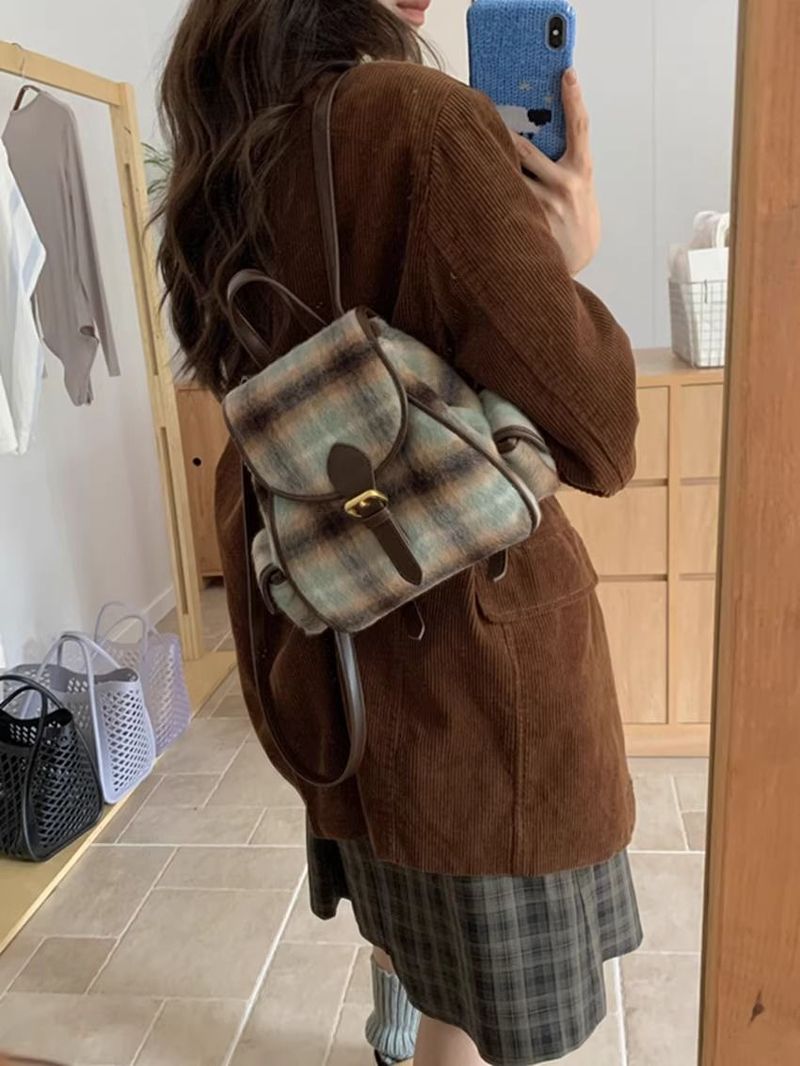 Vintage Woolen Velvet Whi Checkered Autumn Winr College Style Student Backpack For Women Commuting Simple British_voghion.com