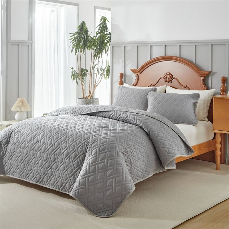 Gestepptes Tagesdeckenset in Leinenoptik – 3-teilig (mit genähtem Gittermuster, Füllung aus Baumwolle, inklusive passender Kissenbezüge, Queen-Size, knitterfrei)_voghion.com