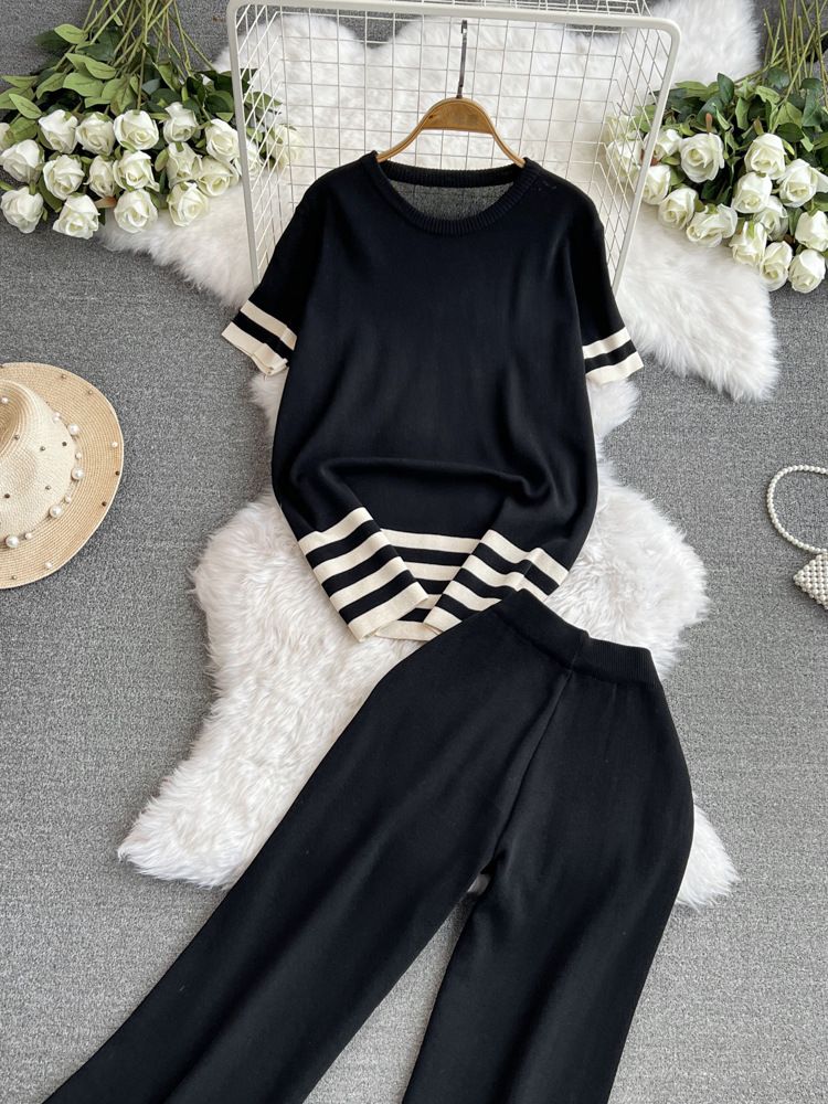 2024 Nuevo traje de moda para mujer primavera estilo coreano cuello en V suelto contraste de color tejido de dos piezas cintura alta pantalones de pierna ancha_voghion.com