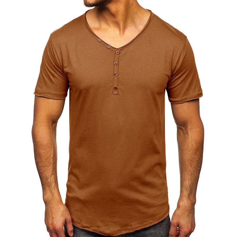 2025d 2025 Summer Short Sleeve T-Shirt V-Neck Henley Tee Men's Top_voghion.com