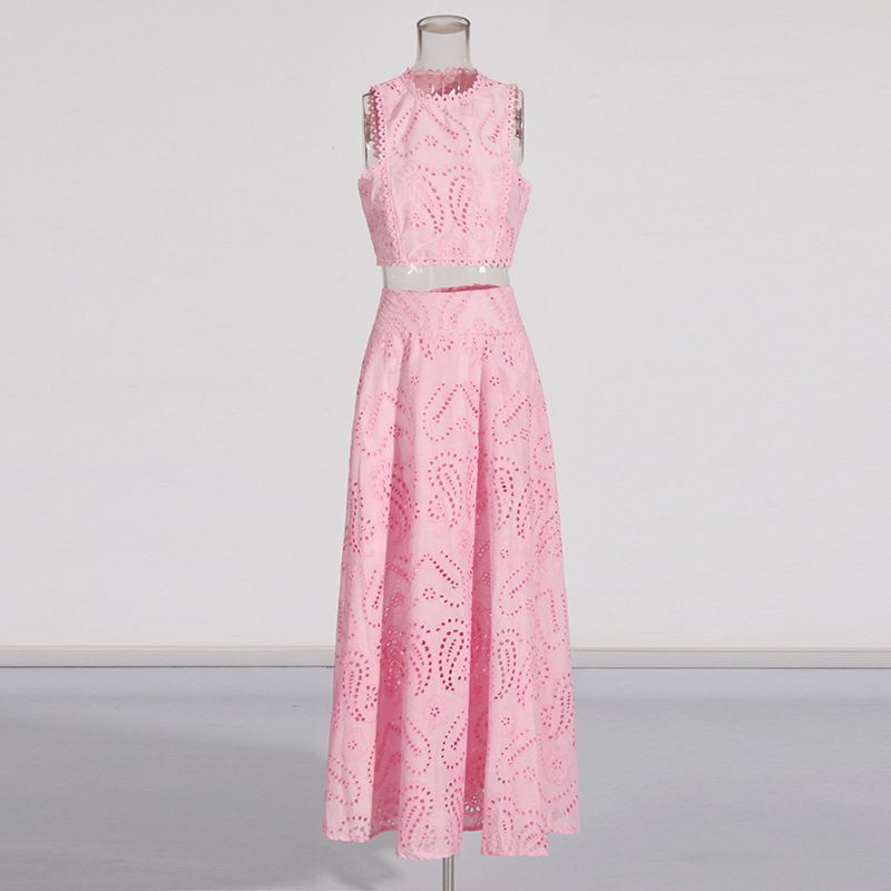 Vêtements pour femmes, col rond, gilet sans manches, taille haute, jupe brodée, costume deux pièces_voghion.com