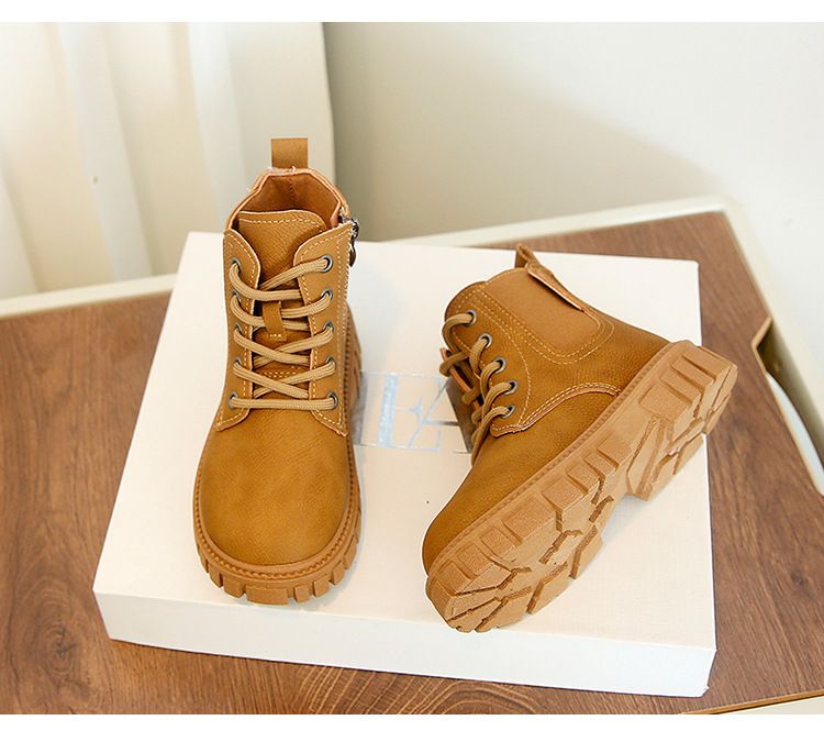 Bottines courtes pour mère et enfant | Bottines épaisses tendance pour filles | Bottes en cuir tendance pour enfants | Fermeture éclair latérale | 3-12 ans | Noir et marron clair_voghion.com