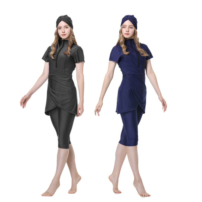 Maillot de bain musulman à manches courtes, protection solaire, maillot de bain trois pièces L006_voghion.com