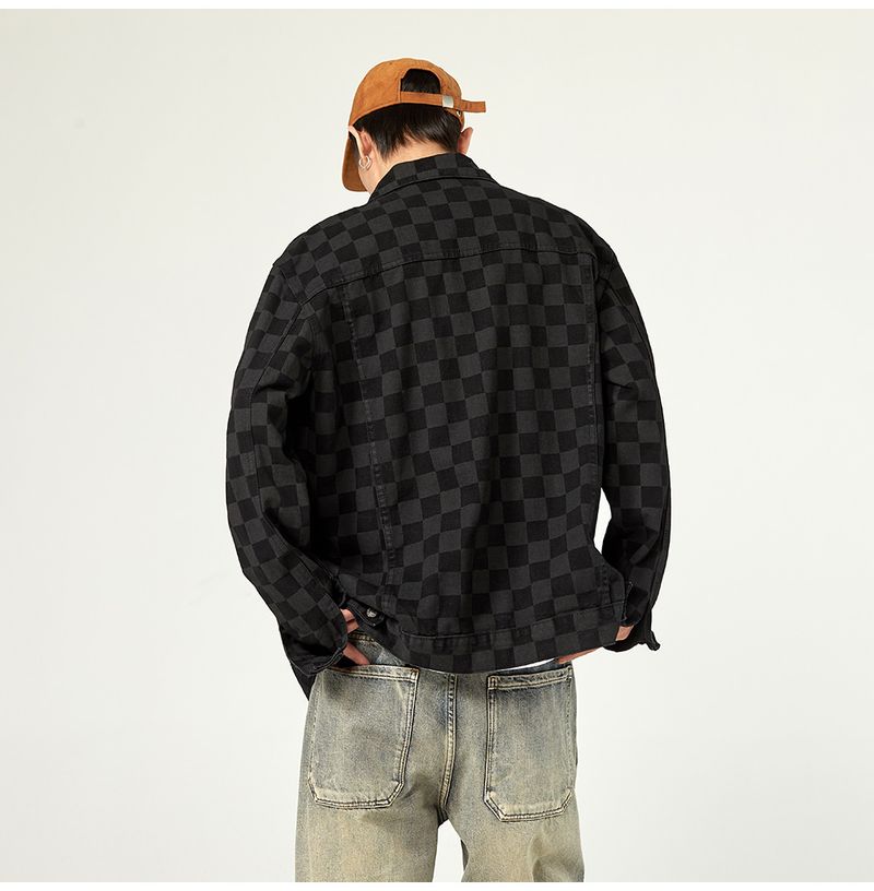 Herren Jeansjacke mit Karomuster, lässig, locker, kariert, schwarzer Mantel mit langen Ärmeln_voghion.com