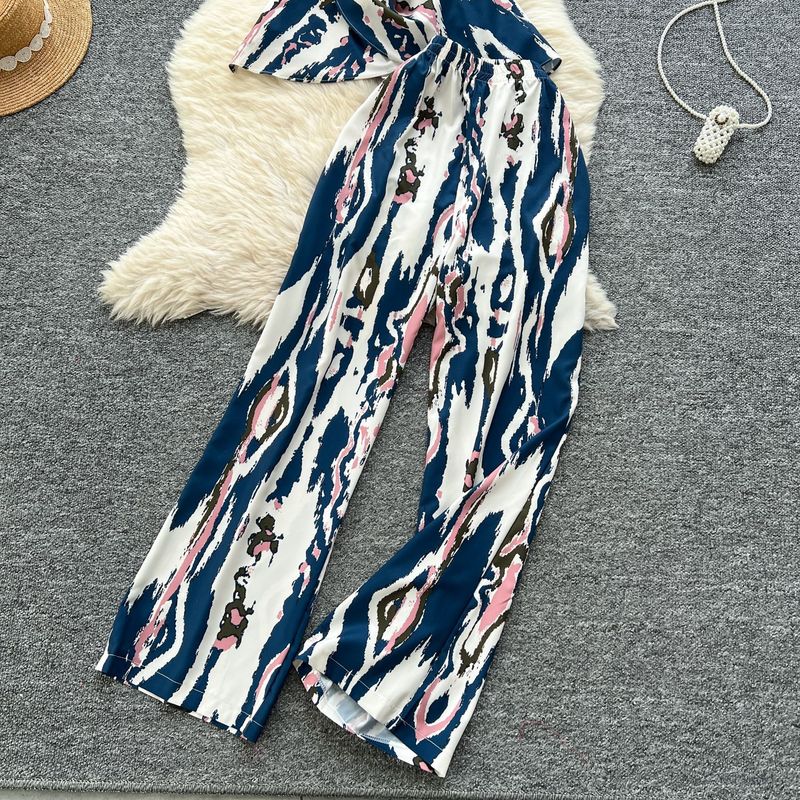 Women's Clothing Two Piece Suit Cross Waist Round Neck Short Sleeves Printed Top High Waist Casual Wide Leg Pants_voghion.com