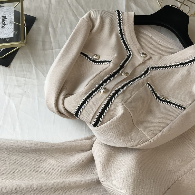 Kadın moda yuvarlak boyun örme hırka üst geniş bacak pantolon iki parçalı set_voghion.com