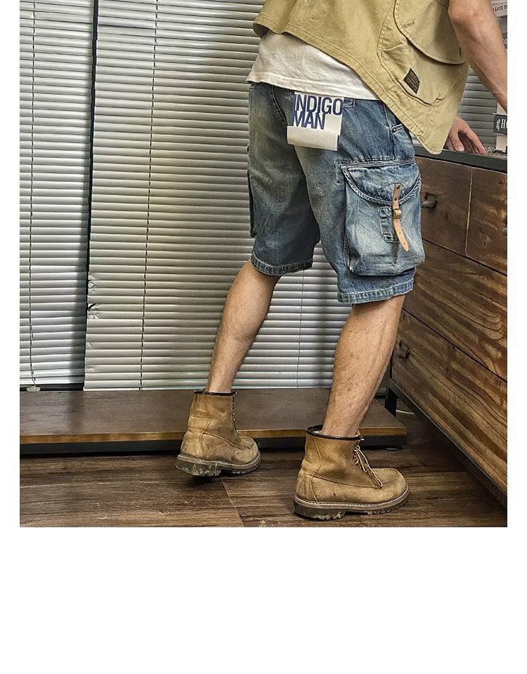 Herrenbekleidung Gewaschene Jeans-Shorts für den Sommer, dünne, lockere und gerade Arbeitskleidung, mittellange Hose, trendige, lässige Fünf-Sechs-Punkt-Hose_voghion.com