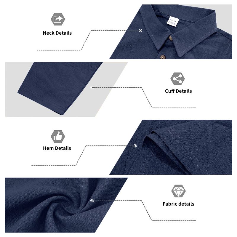 Herren-Leinenhemd mit Knopfleiste – Relaxed Fit Langarm-Polo mit Stehkragen (S-XXXL, atmungsaktiv und knitterfrei, Marineblau/Schwarz/Khaki)_voghion.com