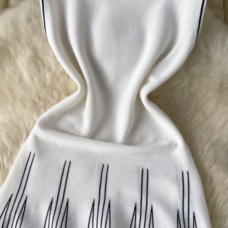 Abbigliamento da donna semplice senza maniche girocollo a righe maglia abito femminile estate vita design nicchia fata gonna di media lunghezza_voghion.com