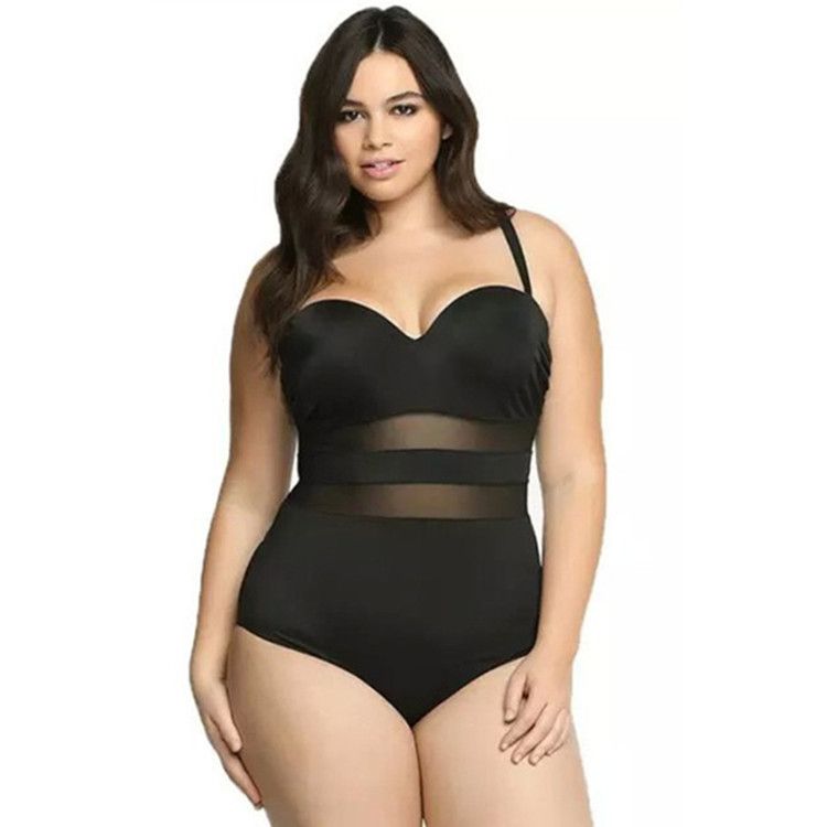 Traje de baño de una pieza de talla grande para mujer: bikini de malla sin espalda con soporte de acero, talla grande, diseño de color liso._voghion.com
