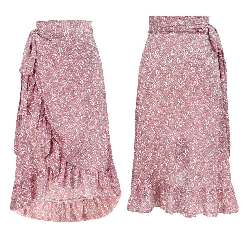 Women's printed strap slit big swing skirt with lining _voghion.com