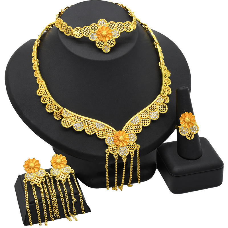 Gold plated bridal jewelry set Necklace Bracelet Earrings Ring_voghion.com