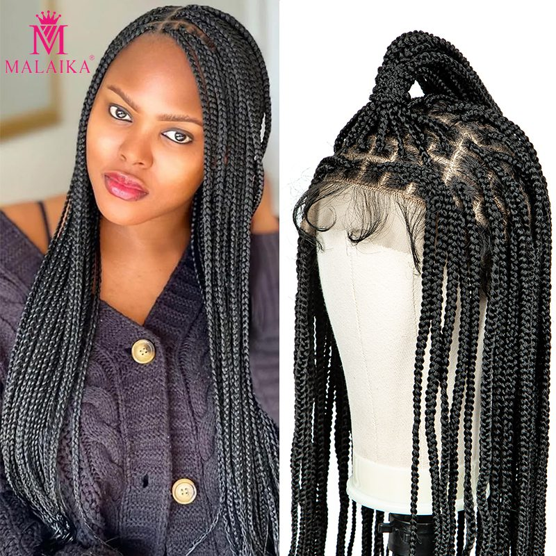 MALAIKA Box pletene perike za žene sintetičke pune čipke sprijeda duge pletenice perike lagane cornrow pletenice čipkaste perike prirodne crne pletenice_voghion.com