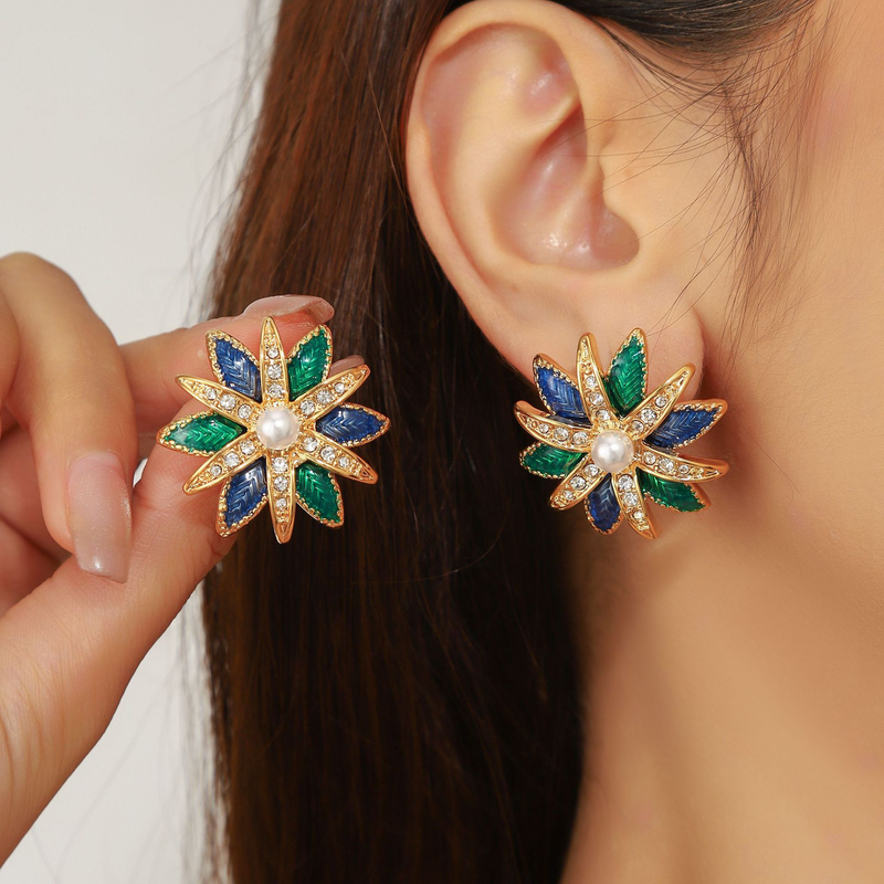 Versione coreana di spilla di diamanti, elegante spilla a doppio strato tridimensionale in smalto blu-verde con foglie e fiori, orecchini di perle_voghion.com