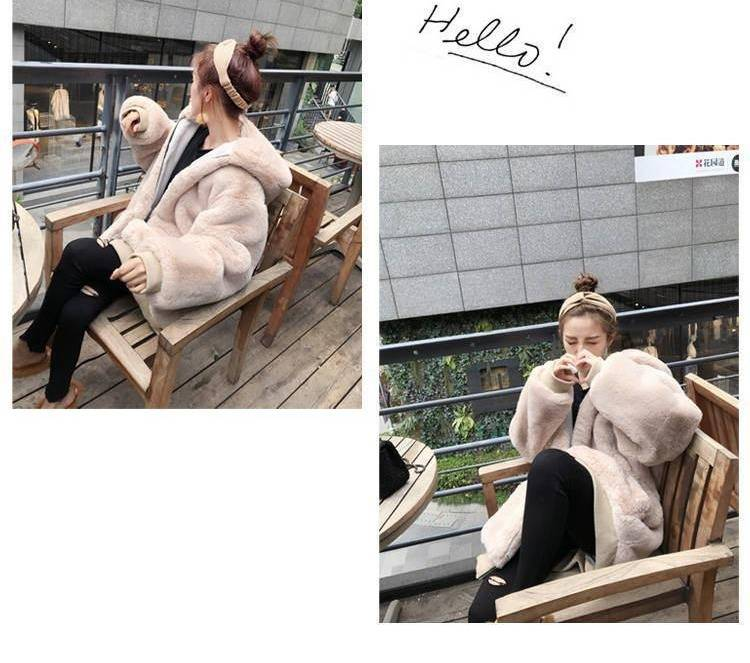 Cappotto invernale con cappuccio in peluche da donna – Pelliccia di coniglio Rex sintetica con imbottitura in cotone (bianco sporco/nero, dalla S alla XXL)_voghion.com