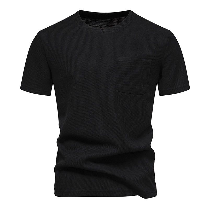Summer New European Size Solid Color Small V-neck Pocket Panel Men's Short Sleeved T-shirt_voghion.com