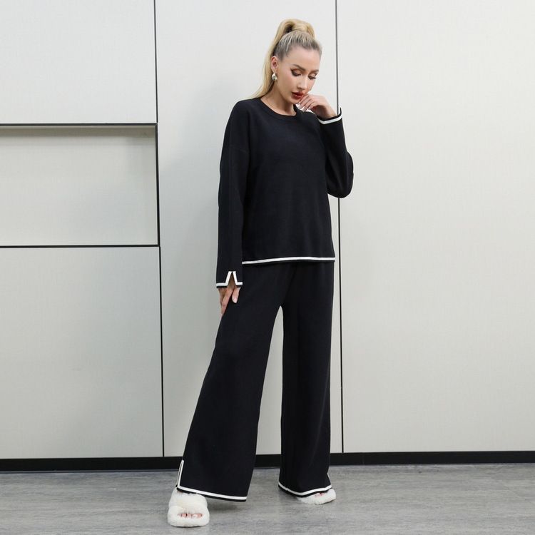 Plus Size Women's Knit Sweater & High-Waisted Flare Pants Set – Thick Modal Fabric, Oversized Fit & Chic Contrast Stitching (One Size)_voghion.com