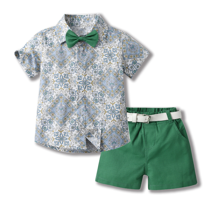 Kinderkleidung, Sommer-Kinderrevers, Baumwollhemd, Schleife, kurzärmlige Strickjacke, Jungen-Shorts, zweiteiliges Set_voghion.com