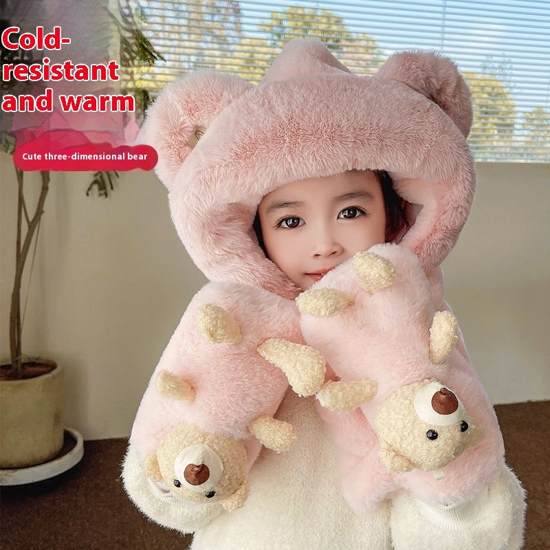 Set di 3 pezzi per bambini, con cappello caldo, guanti e sciarpa, autunno e inverno, in peluche, piccolo orso_voghion.com