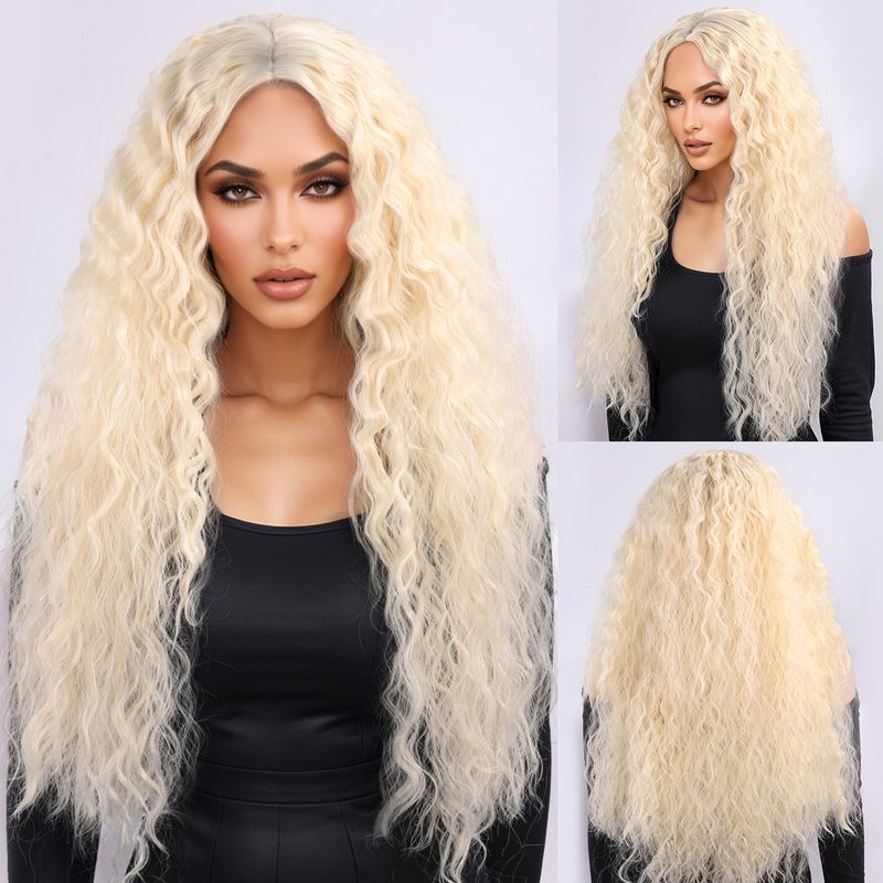 Parrucca con extension per capelli, nuova parrucca per donna, capelli neri ricci alla moda, ondulati, ricci di mais, riga centrale, frangia, copricapo completo._voghion.com