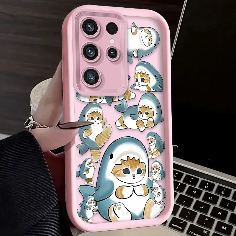 Funda mate divertida con diseño de tiburón y gato de Mofusand para Samsung Galaxy S25, S24, S23 Ultra, S22, S21 Plus FE 5G, A54, A34, A14, A73, A53, A33, 5G, suave_voghion.com