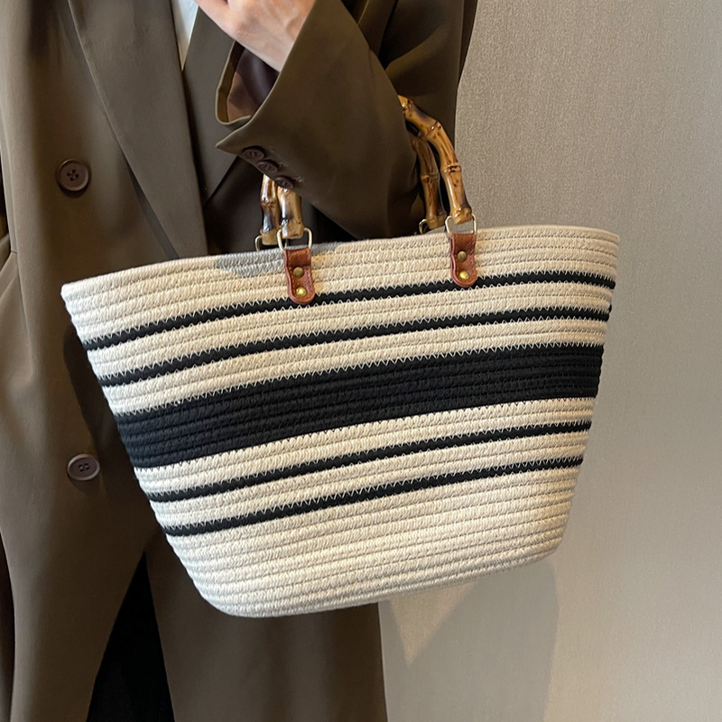 Temperament Popular Woven Women's Bag New Fashion Tote Bag Splicing Single Shoulder Large Capacity Bamboo Joint Hand Bag_voghion.com